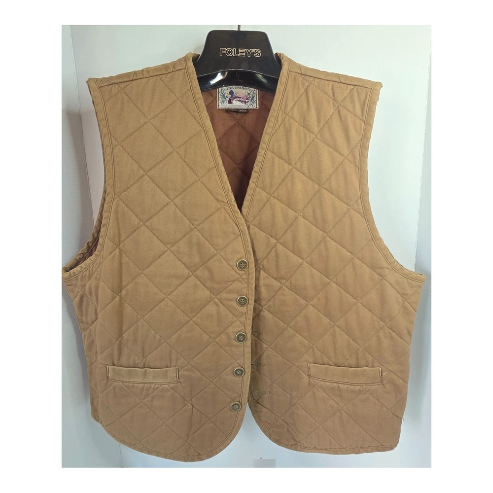 VTG Ducks Unlimited Mens Quilted Shooting Vest Tan Brown Button Front Hunting L